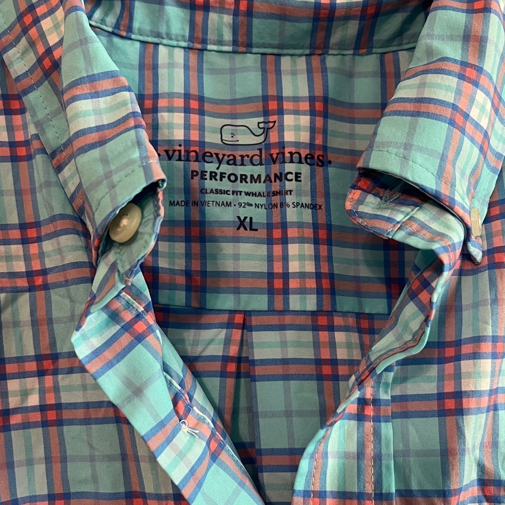 Vineyard Vines Mint and Coral Plaid Performance Button-Up